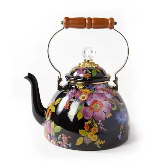 Hot MacKenzie-Childs Black Flower Market 3 Quart Tea Kettle