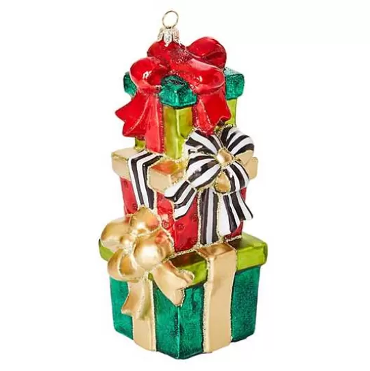 Hot MacKenzie-Childs Cozy Christmas Stacked Gifts Glass Ornament