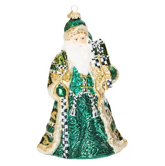 Clearance MacKenzie-Childs Emerald Luxe Gifting Santa Glass Ornament