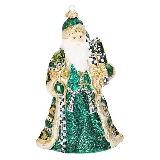 Clearance MacKenzie-Childs Emerald Luxe Gifting Santa Glass Ornament