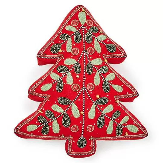 Hot MacKenzie-Childs Holiday Red Tree Shaped Embroidered Throw Pillow