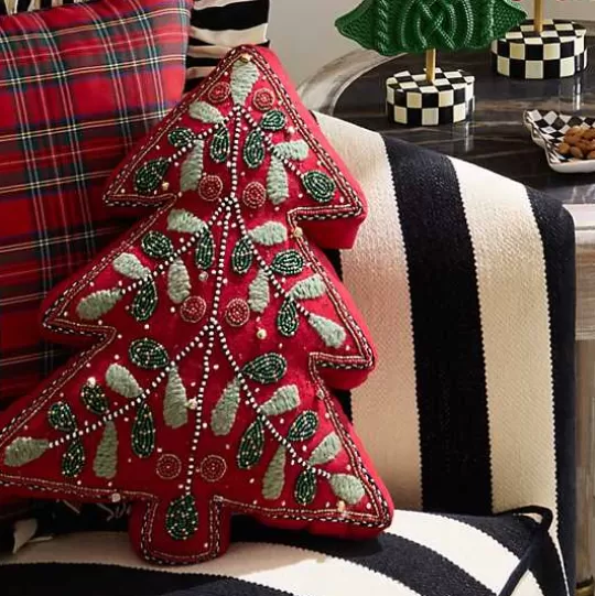 Hot MacKenzie-Childs Holiday Red Tree Shaped Embroidered Throw Pillow
