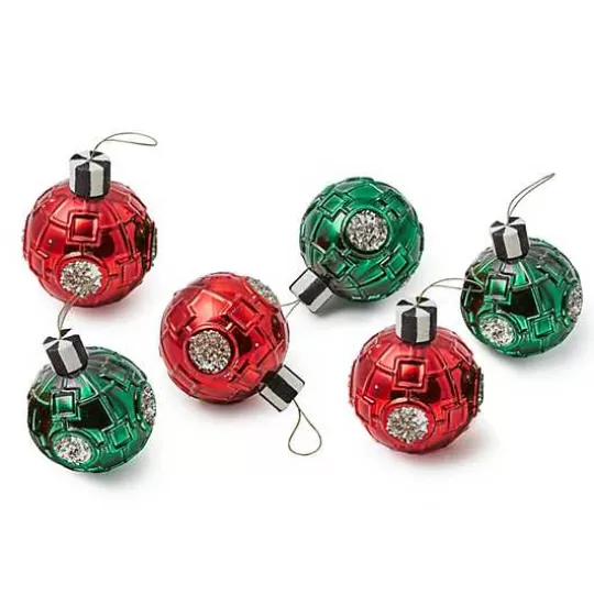 Best Sale MacKenzie-Childs Red  Green Metallic Glass Ball Ornaments, Set of 6