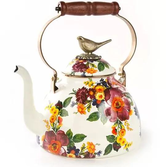 Flash Sale MacKenzie-Childs White Flower Market 3 Quart Tea Kettle with Bird