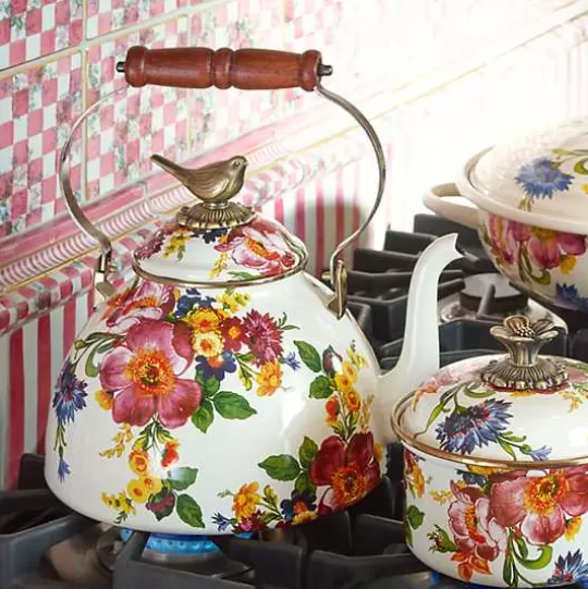Flash Sale MacKenzie-Childs White Flower Market 3 Quart Tea Kettle with Bird